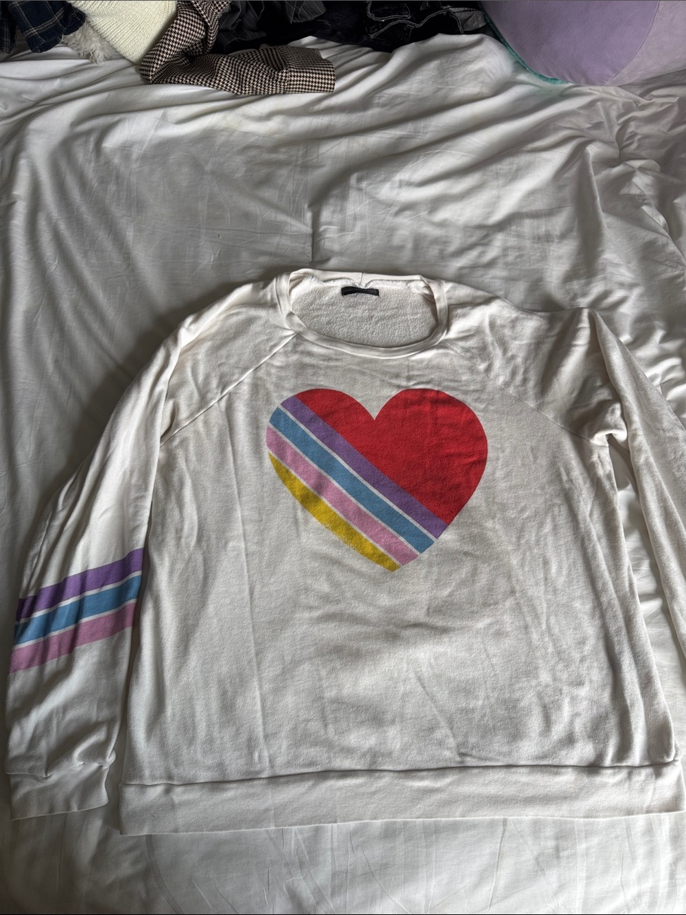 Lauren Moshi White Sweatshirt with Red Heart and Rainbow Stripes
